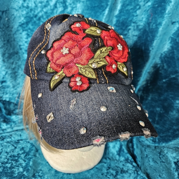 Distressed Adjustable Denim Cap Roses Rhinestone 100% Cotton - Picture 3 of 9